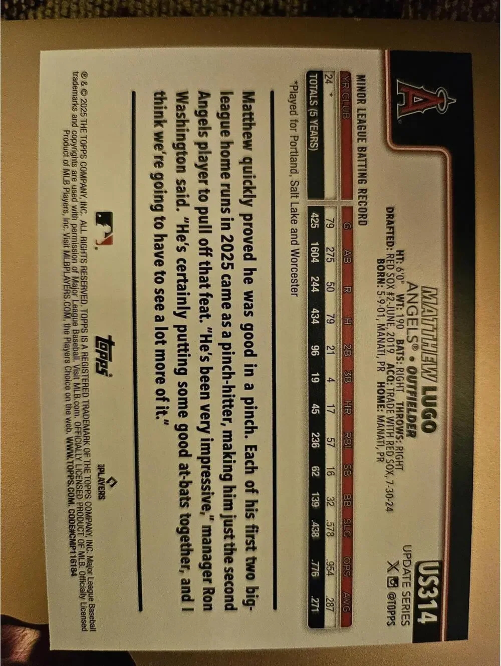Matthew Lugo (RC) 2025 Topps Update - #US314 - Angels - RAW Mint - Picture 2 of 2